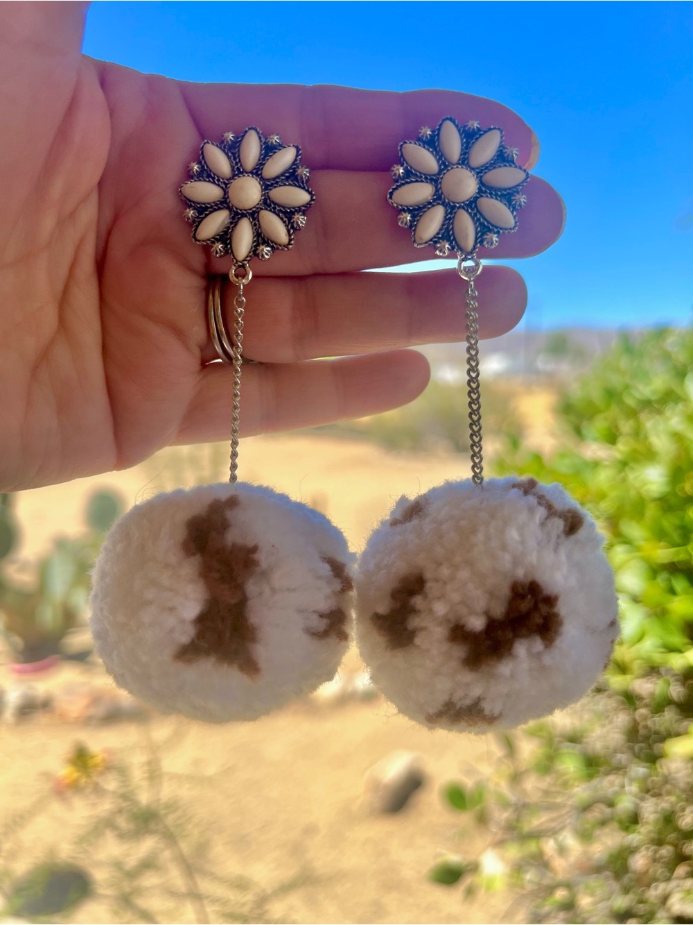 Southwestern Pinto Pom-Pom Drop Earrings